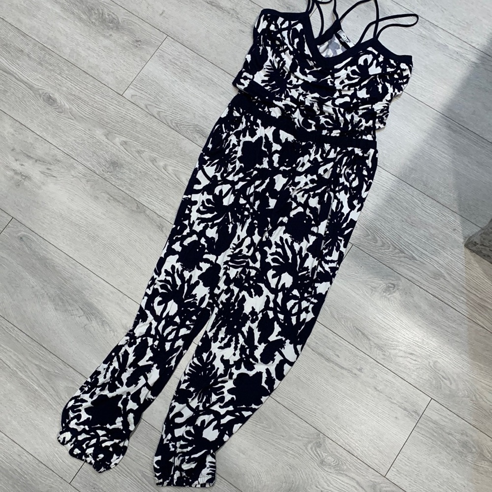 Blue floral knit jumpsuit